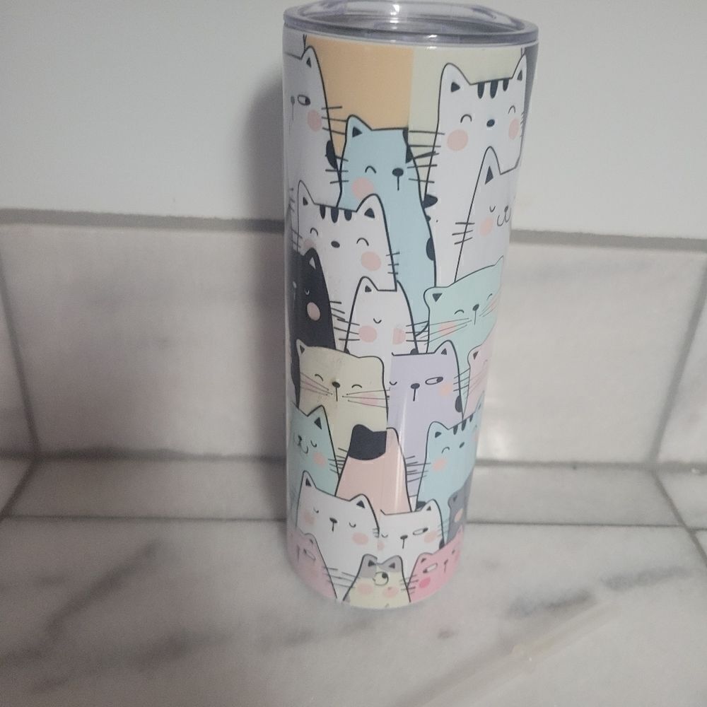 Cat Pastel Color Doodle Cartoon 20oz Tumbler Insulated Hot Cold Coffee Tumbler